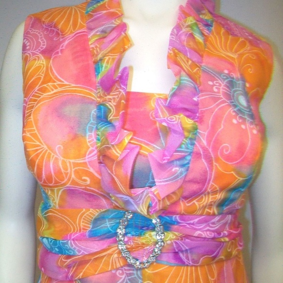 70s Barbiecore Floral Maxi Dress Ruffle Rhinestone Chiffon Orange Empire… - Picture 5 of 6